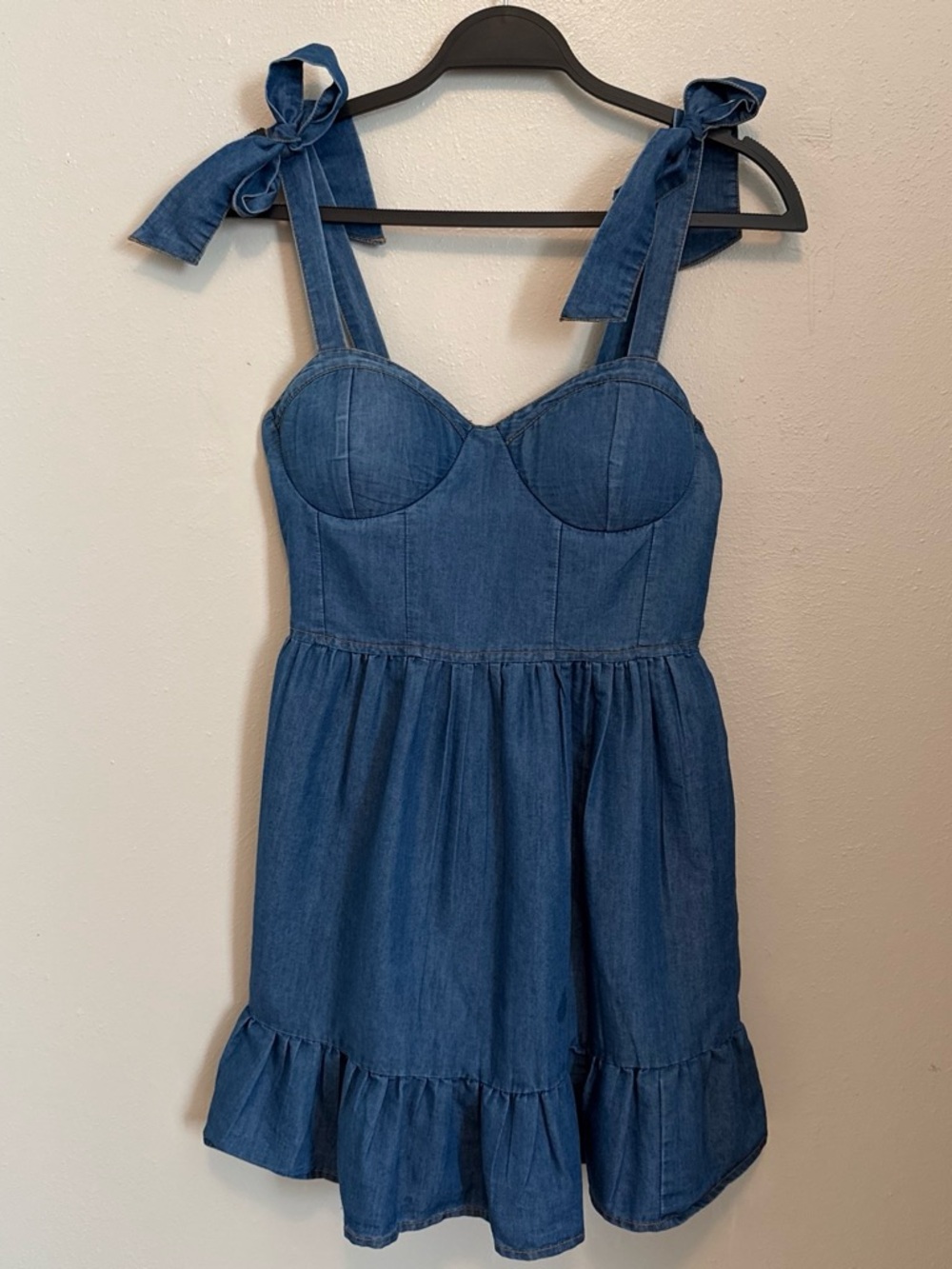 Denim Tie-Strap Mini Dress in Blue
